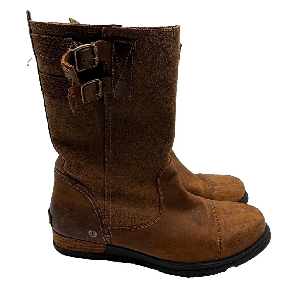 Sorel Boots Women 9.5 Brown Major Pull On Leather Snow Rustic Mid Calf Buckle